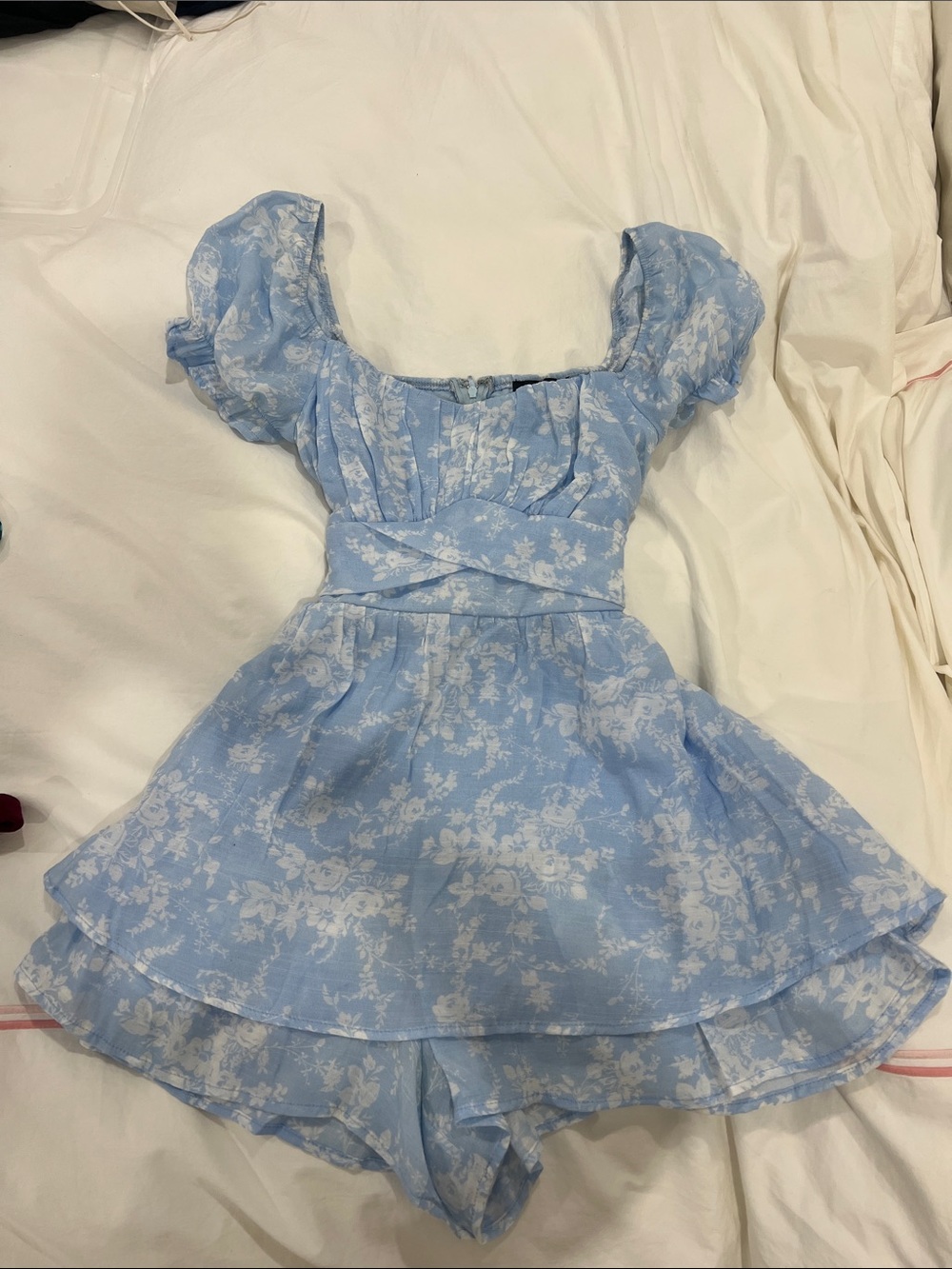 Francesca's Collections Light Blue Floral Puff-Sleeve Romper
